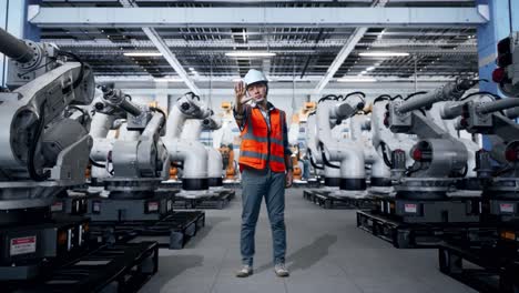 ingeniero deteniendo robots industriales en una fábrica