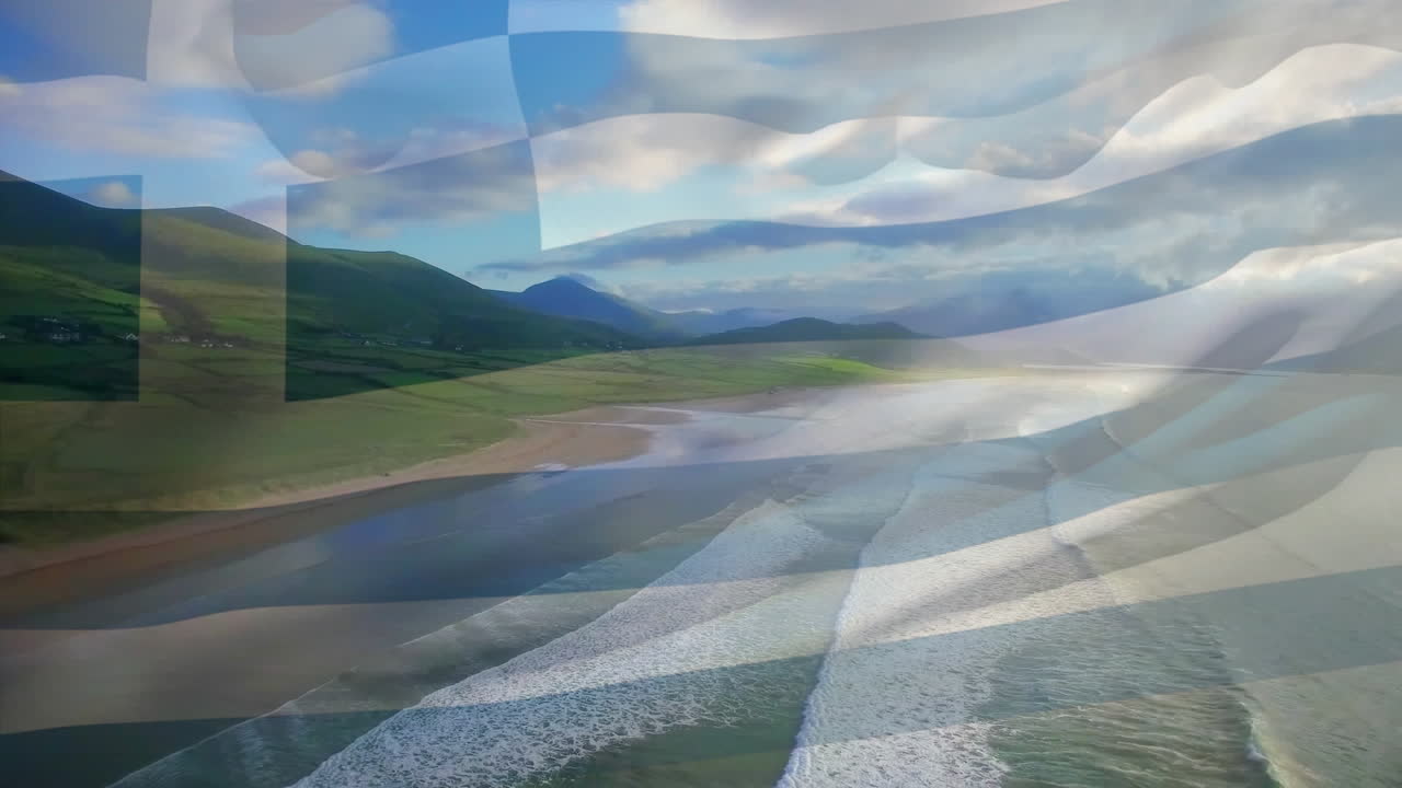 해변과 바다 파도의 공중 사진에 비해 그리스  ⁇ 발이 흔들리는 디지털 구성