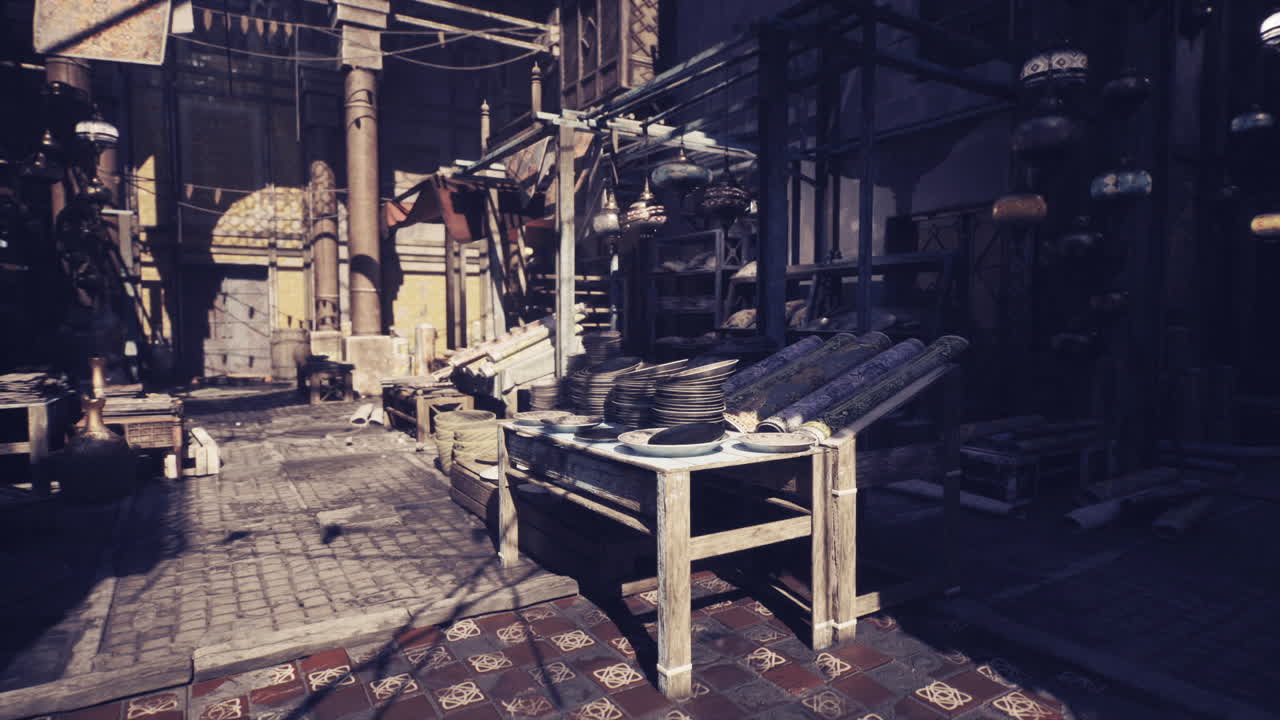 Metal aletler ve asılı zincirler içeren tozlu fabrika ortamı.