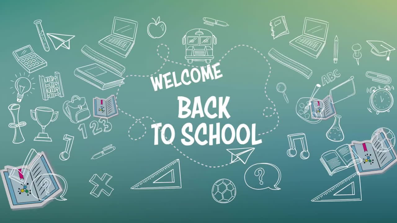 학교 아이콘 위에 학교로 돌아온 것을 환영하는 애니메이션