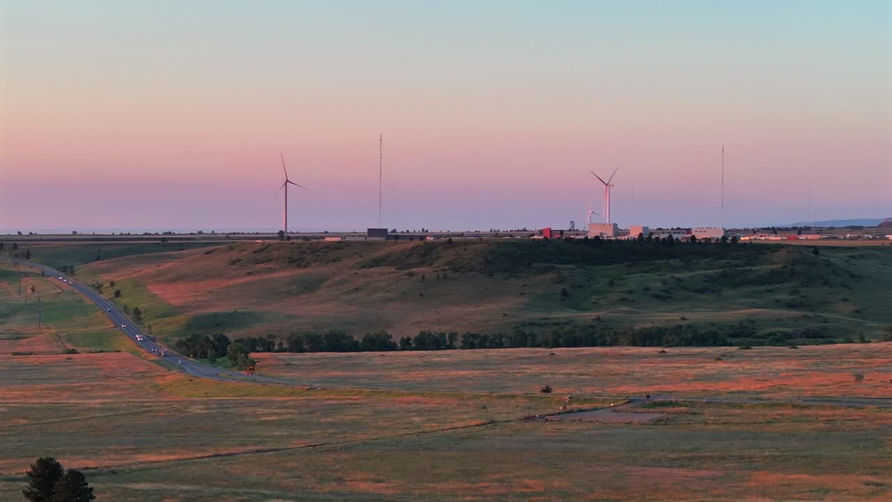 Boulder Creek Wind Farm Wind Mills turbine Boulder Eldorado Canyon Golden Arvada Colorado morning sunrise aerial drone spring summer Rocky Mountains highway 36 93 car traffic plains valley circle left