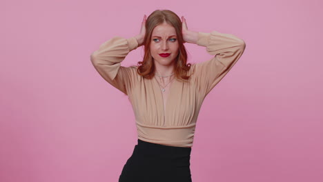 frustrated businesswoman girl covering ears, gesturing no avoiding advice ignoring unpleasant noise