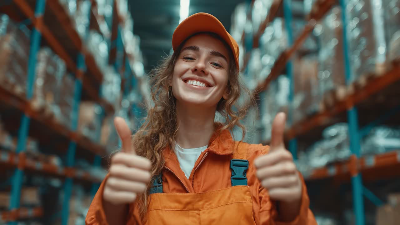 A Warehouse Worker Exudes Positivity and Motivation in a Storage Area, Displaying Thumbs-Up to Showcase Enthusiasm and Team Spirit for Her Job and Work Environment