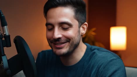 hombre sonriendo a un micrófono durante una grabación de podcast