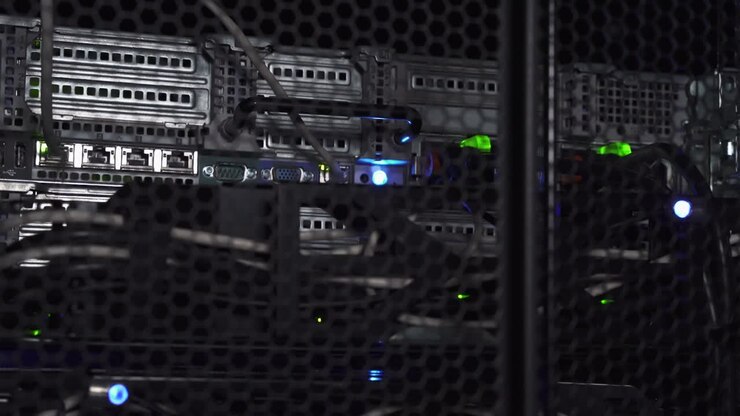 The dim flashlight of a computer hacker passing over a rack of data routers and cables