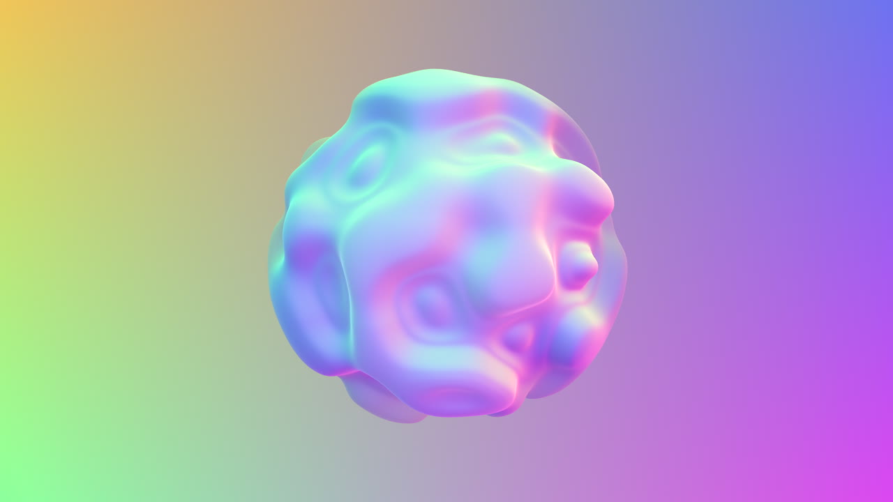 A symmetrical and colorful 3D ball composition with vibrant swirling shapes, portraying a neutral expression, is the focal point of this digital artwork