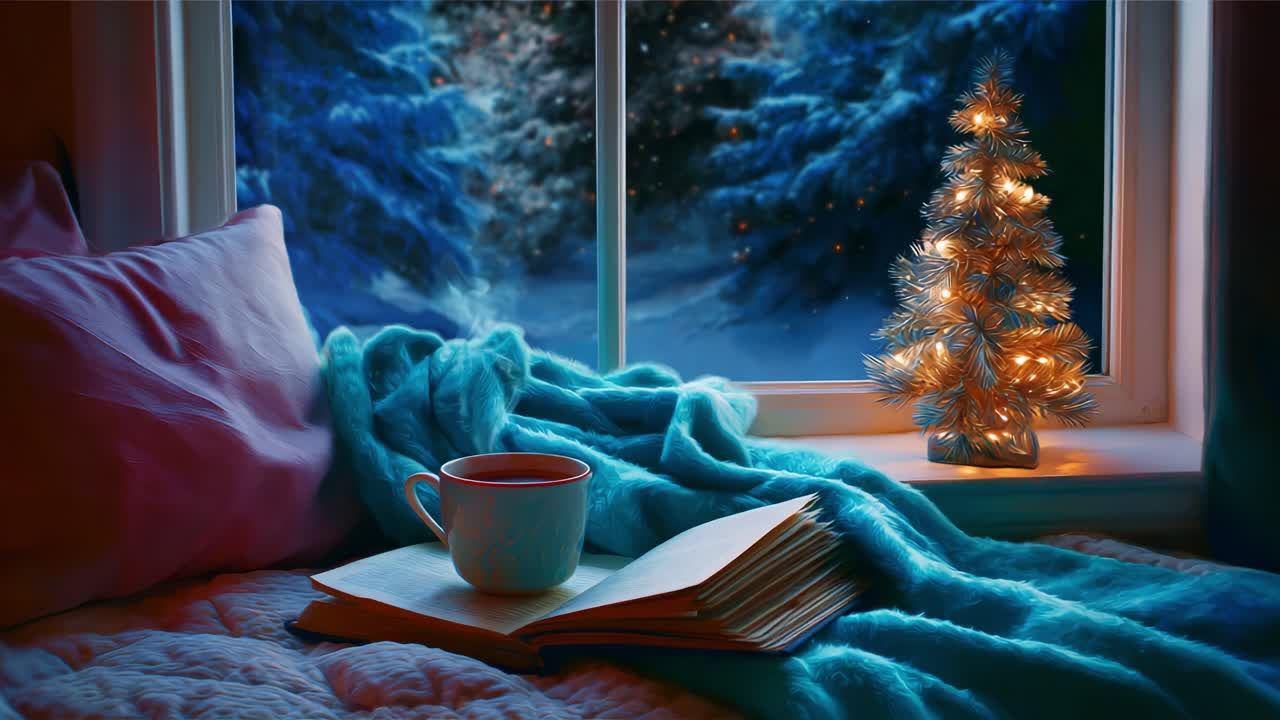 A Tranquil Winter Evening Scene Featuring a Cozy Reading Nook by a Window, Adorned with a Gleaming Christmas Tree, Soft Blankets, and a Hot Beverage, Capturing the Essence of Holiday Serenity and Comfort
