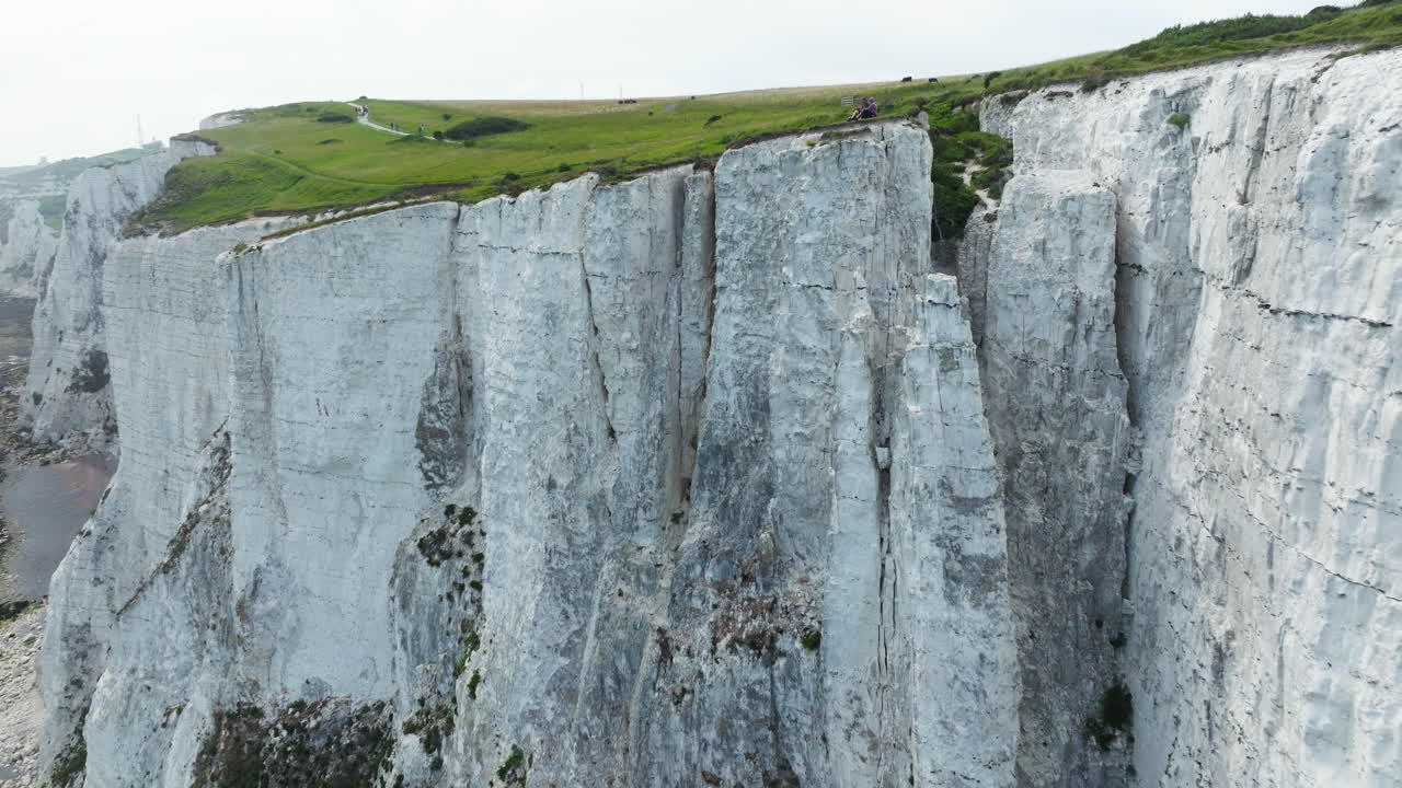 White Cliffs Of Dover With Streaks Of Black Flint In Kent, England, UK. - aerial shot
