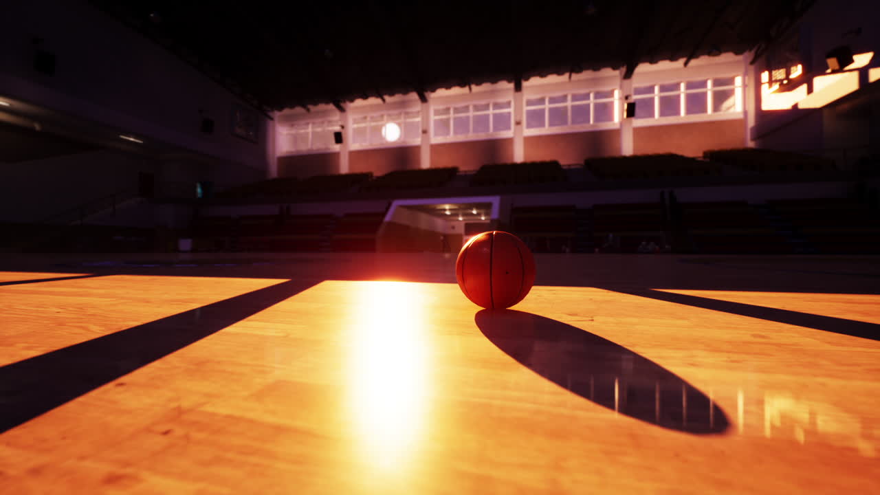 Un pallone da basket giace sul campo di un'arena vuota, la luce del tramonto illumina il campo