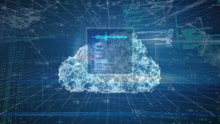 Animation of data processing over cloud on blue background