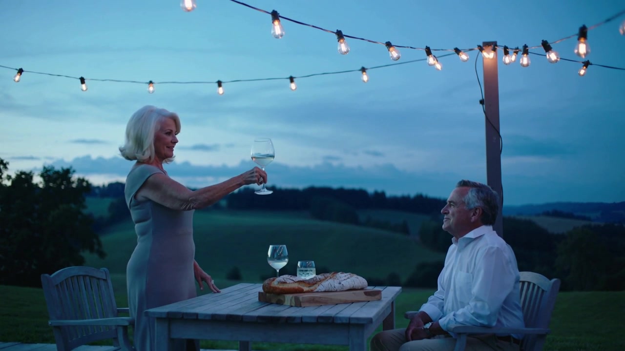 Toasting woman in dress raising wine glass, prompted by white-shirted man on deck at dusk