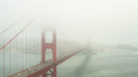 Aerial-view-of-the-fog-covered-Golden-gate-bridge,-in-San-Francisco,-CA,-USA