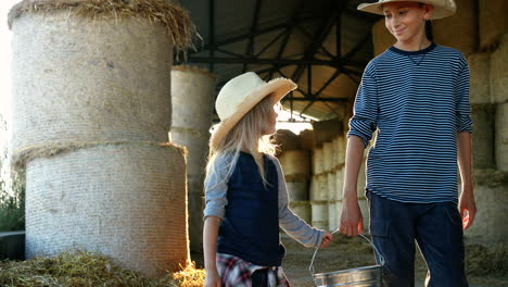 caucasian little cute sister and brother helping at farm and walking while carrying bucket in stable with hay stocks