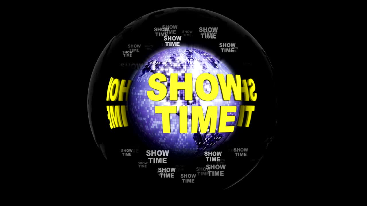 SHOWTIME Text Animation Around Earth Disco Ball, Rendering, Background, with Alpha Matte, Loop