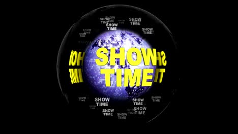 showtime text animation around earth disco ball, rendering, background, with alpha matte, loop