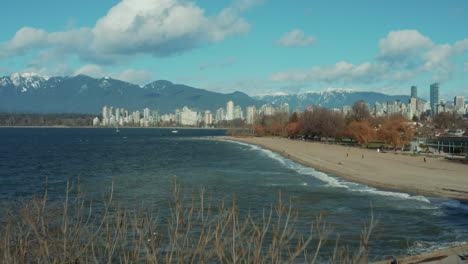 Aerial-flying-over-a-tree-to-reveal-Kitsilano-Beach-and-the-Vancouver-skyline