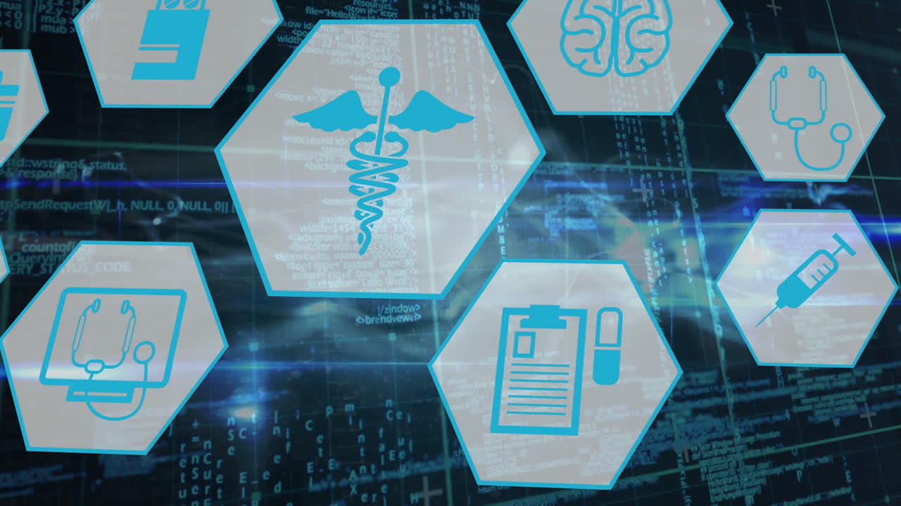 다중 의료 아이콘의 애니메이션과 데이터 처리에 대한 파란색 반이는 디지털 파동