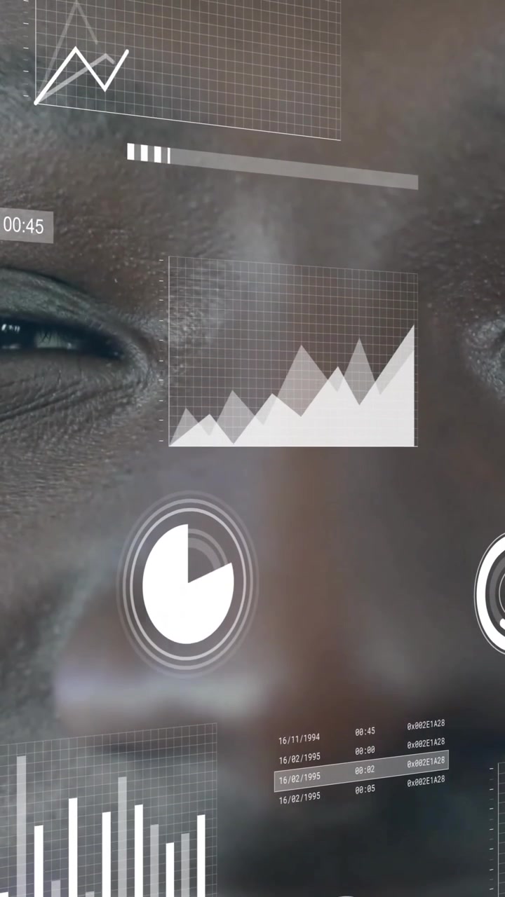 Animation of financial data processing over african american businessman smiling in office