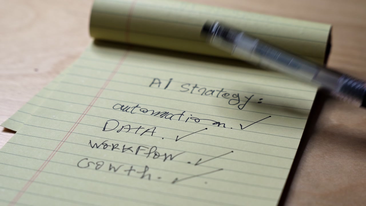 a hand writing an AI strategy checklist on a yellow legal notepad. A black pen checks off automation, data, and workflow goals on a wooden desk in a modern corporate workspace.
