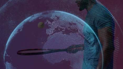 tennis player swinging racket over digital globe animation with dotted continents
