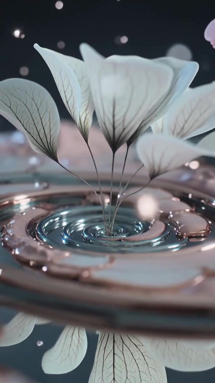 Video verticale: Impatto di una goccia che fa sollevare sottili steli con petali venati da uno specchio d'acqua, increspandosi.