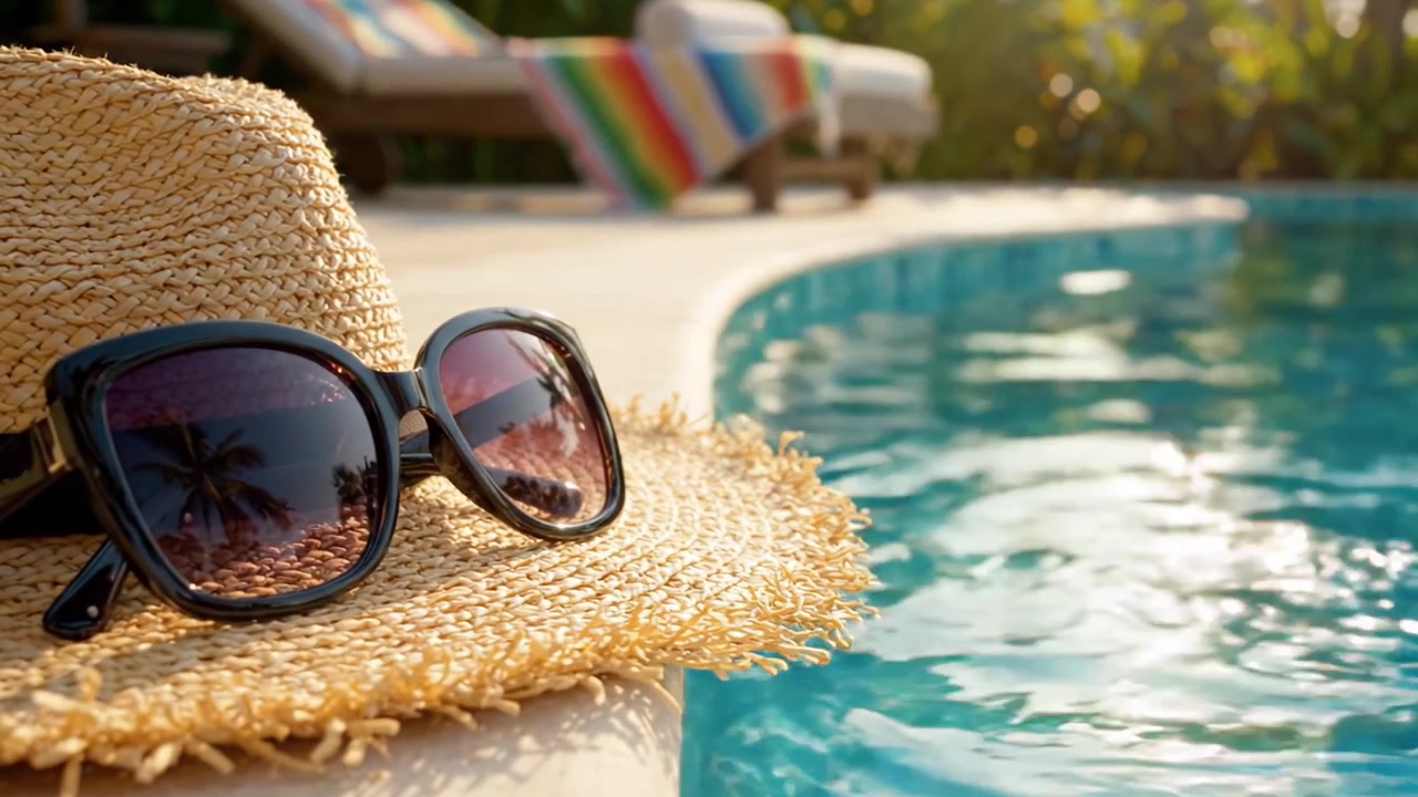 Eine ruhige Poolszene mit Sonnenhut und Sonnenbrille: Eine perfekte Auszeit für Entspannung und Freizeit unter warmem Sonnenlicht, die ultimative Sommerstimmung hervorruft