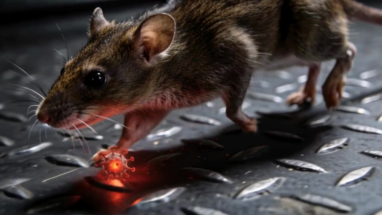 Probing brown mouse reacting to paw nearing glowing red orb on metal diamond-plate floor