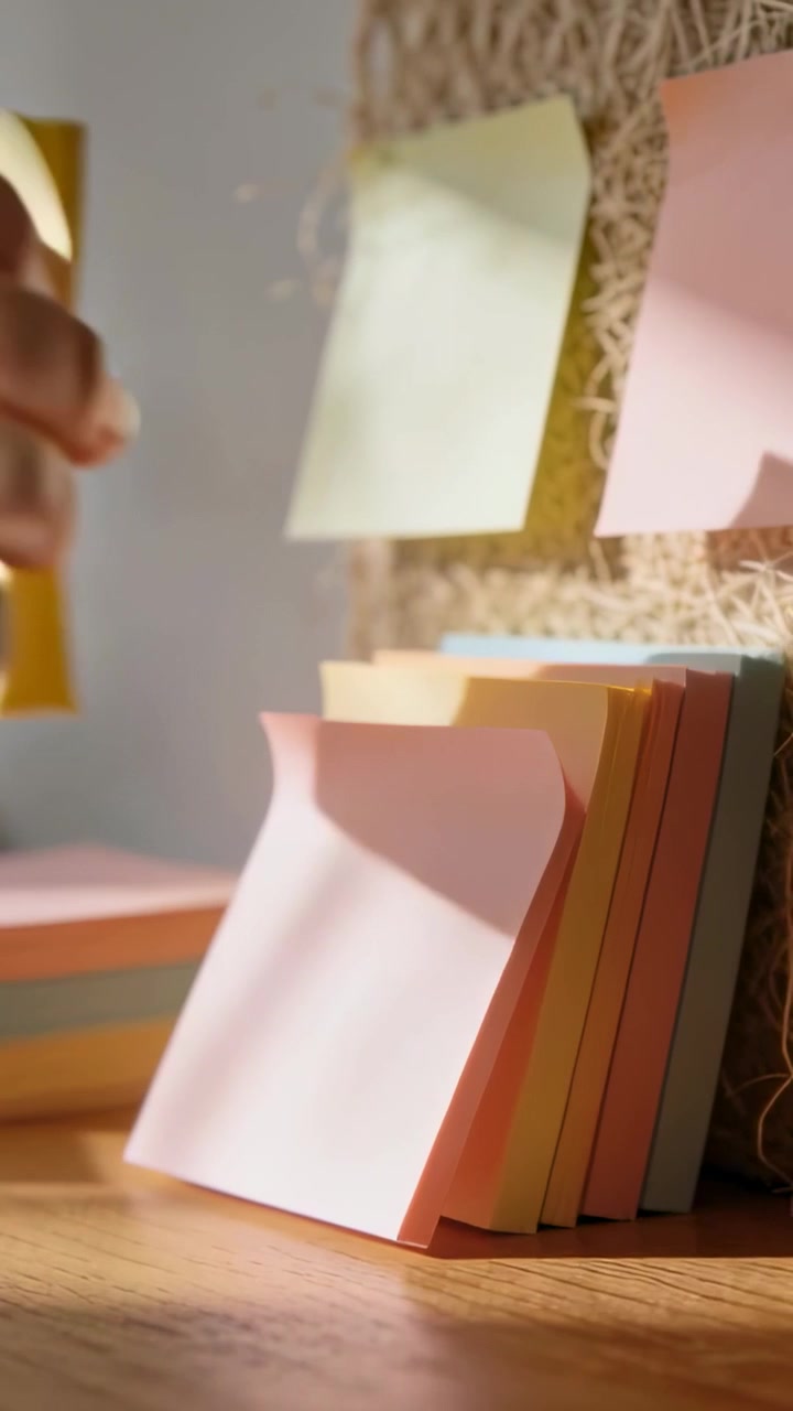 Vertical video: Right hand entering left flipping and peeling pastel pads at desk, sampling colors