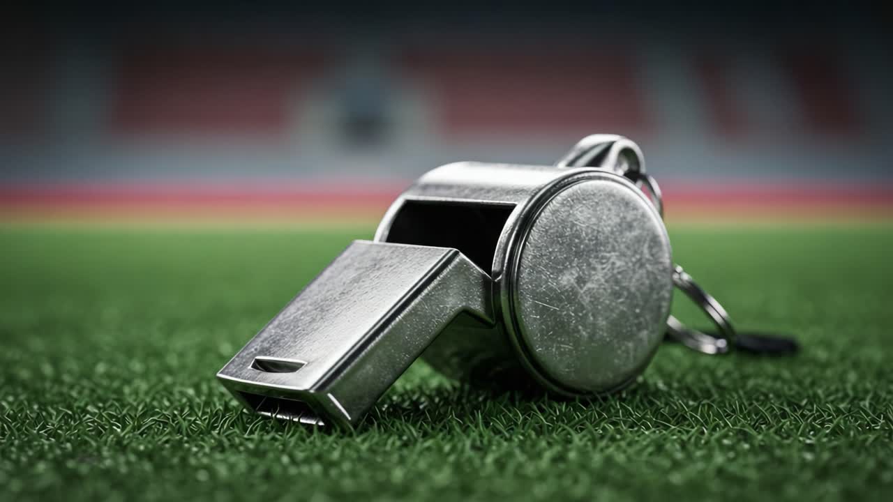 A Close-Up View of a Silver Whistle on a Football Field, Capturing the Essence of Sportsmanship and Coaching in Action During an Athletic Game