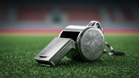 a close-up view of a silver whistle on a football field, capturing the essence of sportsmanship and coaching in action during an athletic game