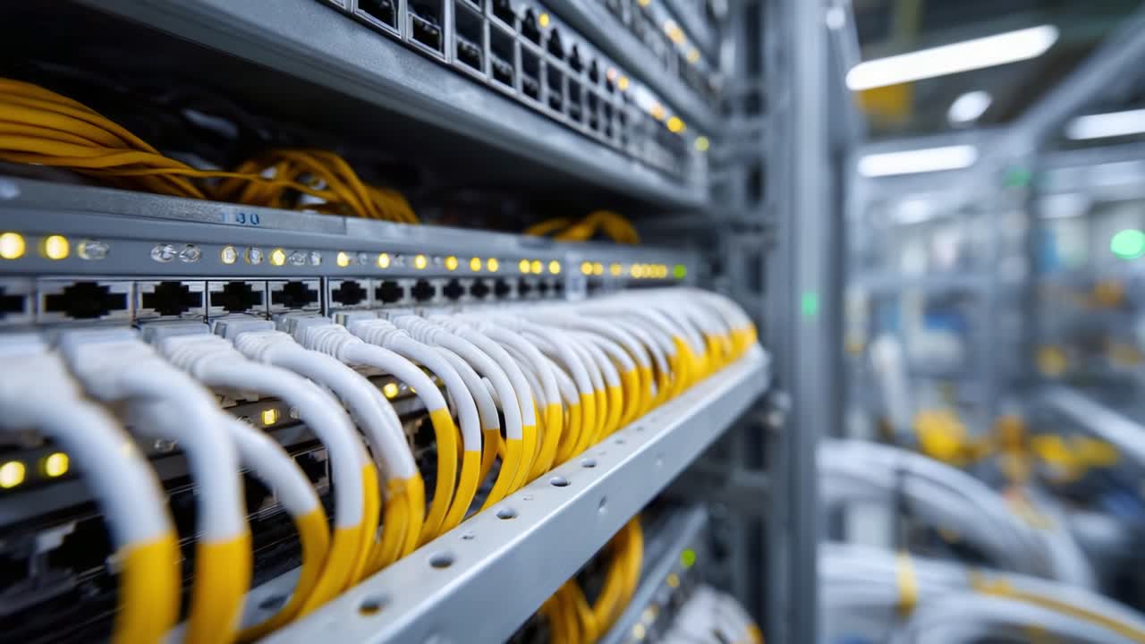 Network Data Center with Organized Patch Panels and Ethernet Cables Illuminated by Status Lights in a Modern Server Room Environment