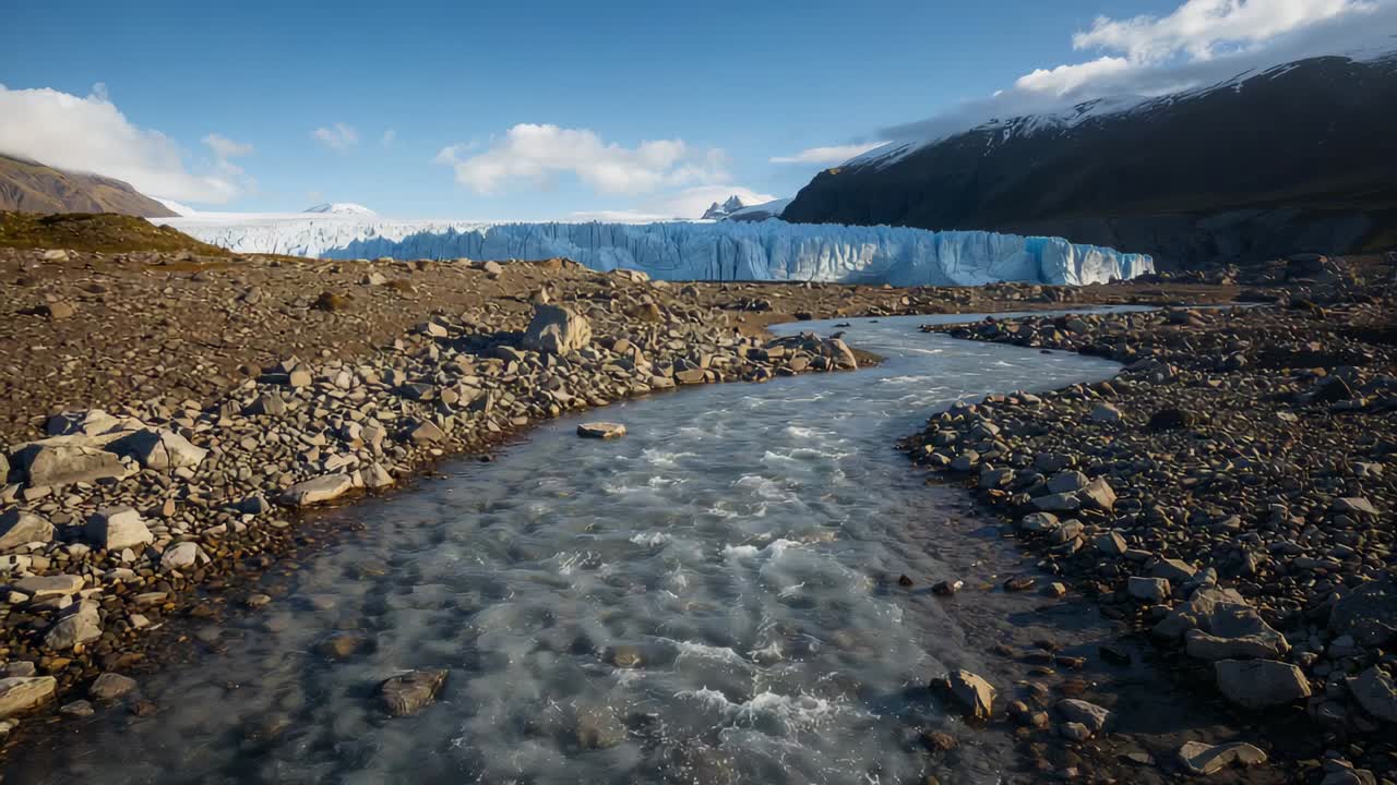 Sole caldo che scioglie l'acqua di fusione proveniente dalla fronte del ghiacciaio, formando un ruscello che scorre attraverso la piana antistante e trasporta sedimenti