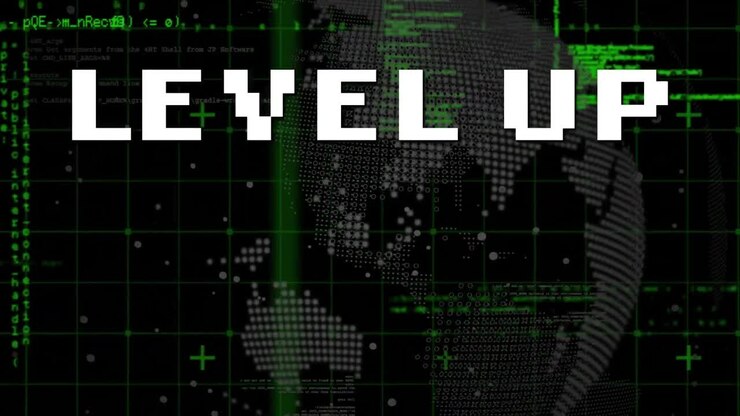 Animation af level up tekst og globus med programmeringssprog og gitter