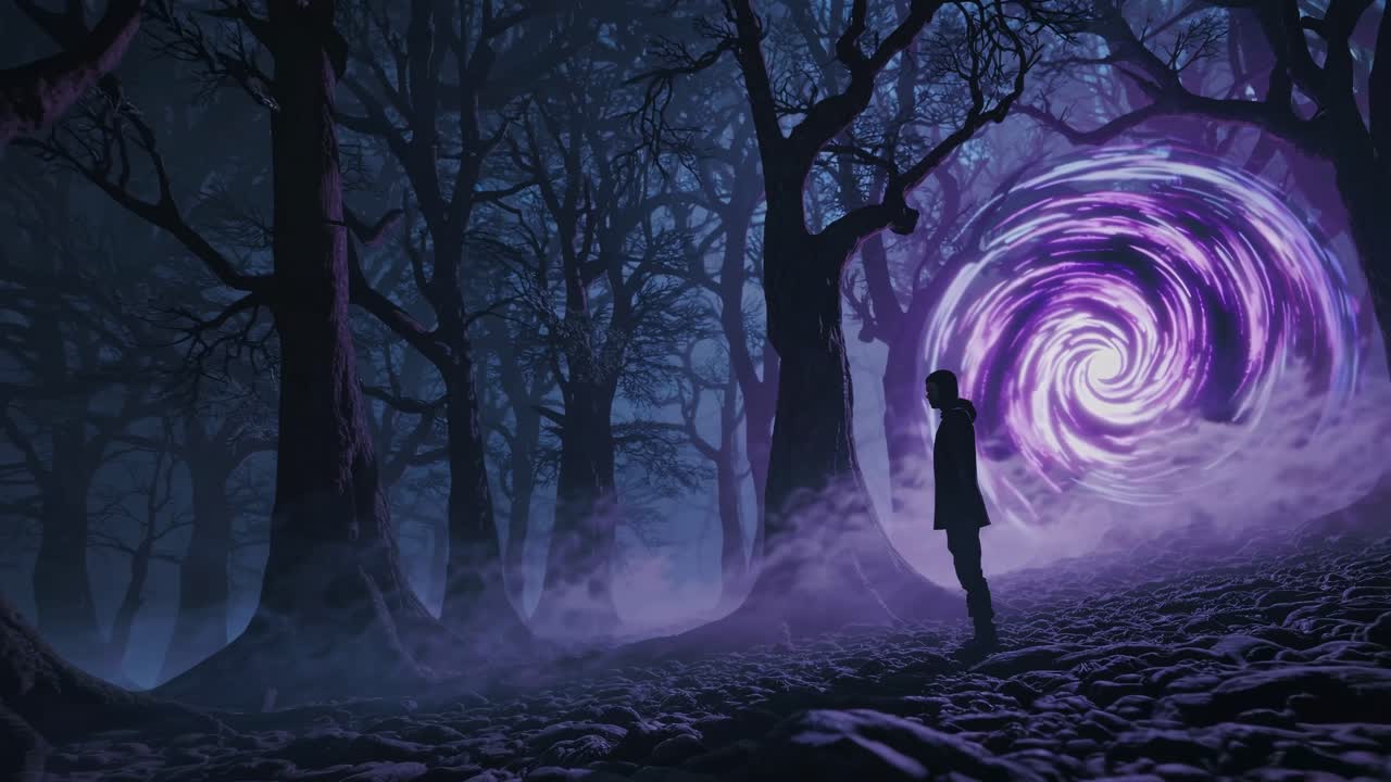 Una silhouette cammina attraverso una foresta mistica verso un portale luminoso.