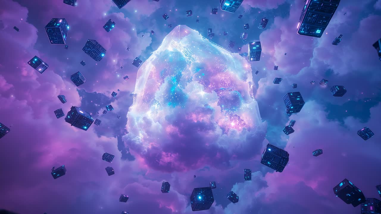 Zooming camera revealing glowing nebula core pulsing with lit cubes orbiting in cosmos, for study