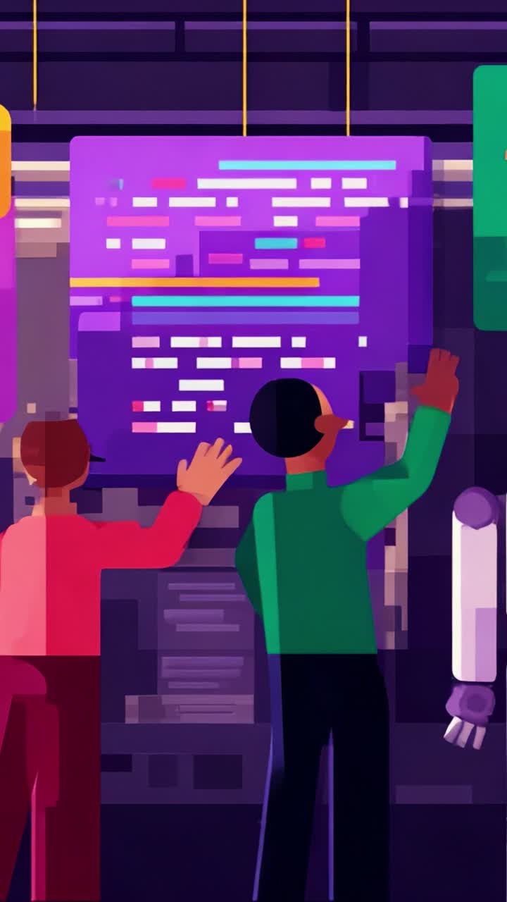 Two individuals engaged in collaborative programming, analyzing code displayed on a screen in a vibrant, modern digital workspace environment