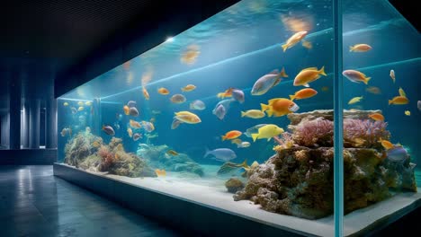 a vibrant aquarium with colorful fish and coral