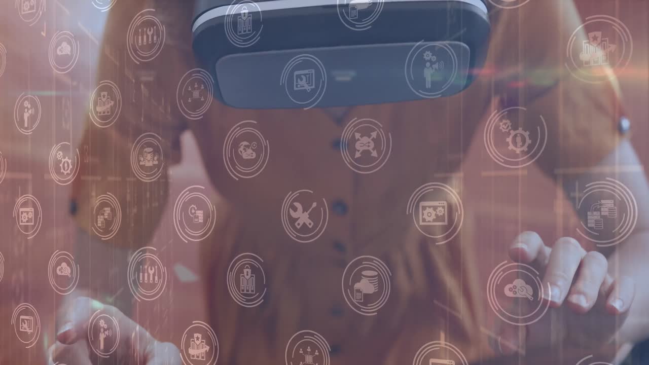 animación de iconos de medios sobre mujer caucásica usando auriculares vr