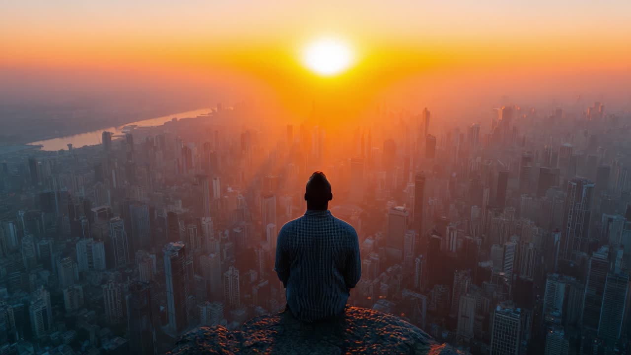 Un Momento Sereno all'Alba: Una Persona Medita Affacciata su uno Skyline Urbano Vibrante Bagnato da Luce Dorata, Cogliendo l'Essenza della Pace e dell'Armonia Urbana