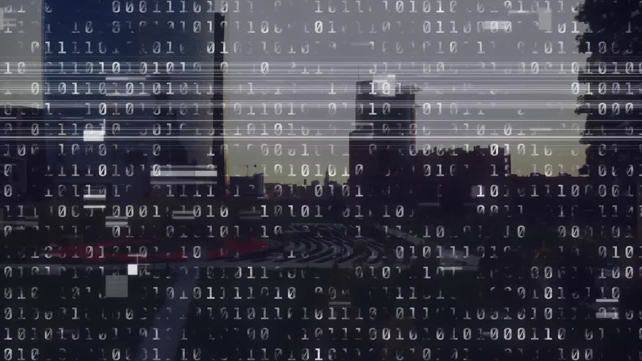 animación de la codificación binaria sobre el paisaje urbano