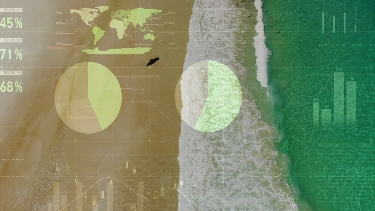 animación de gráficos y datos financieros sobre la playa y el mar
