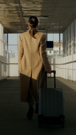 businesswoman walking through an airport terminal