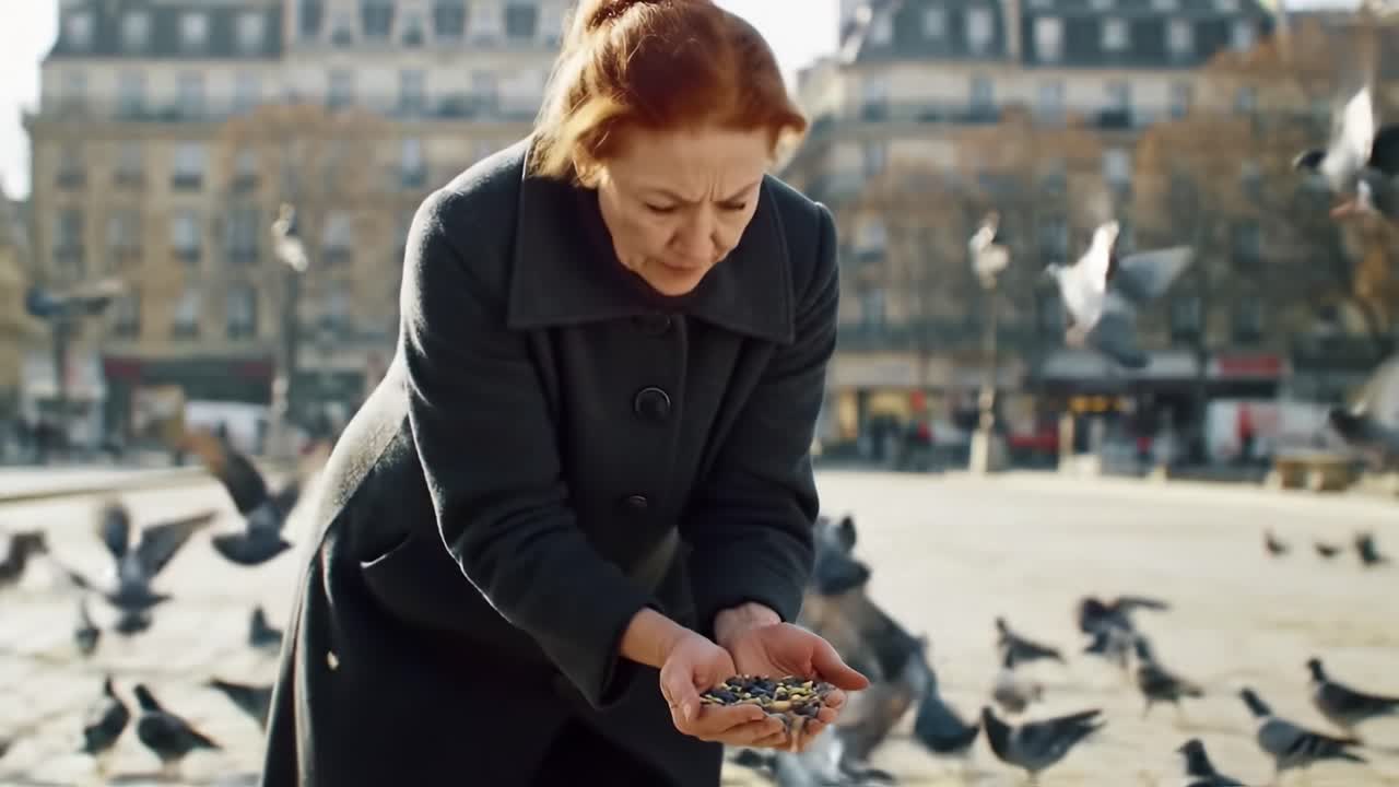 An elderly woman lovingly scatters seeds to attract a flock of pigeons, creating a captivating and serene moment filled with connection to nature in an urban setting.