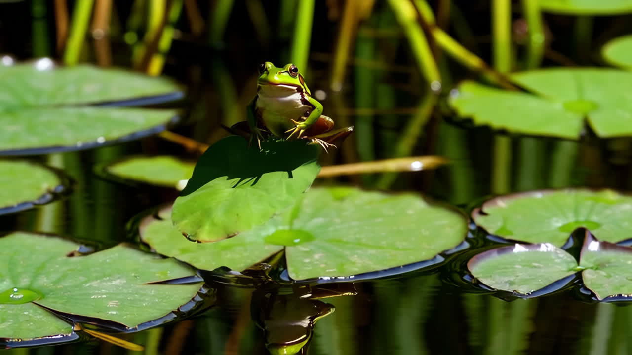 Green Frogs in a Pond with Lily Pads