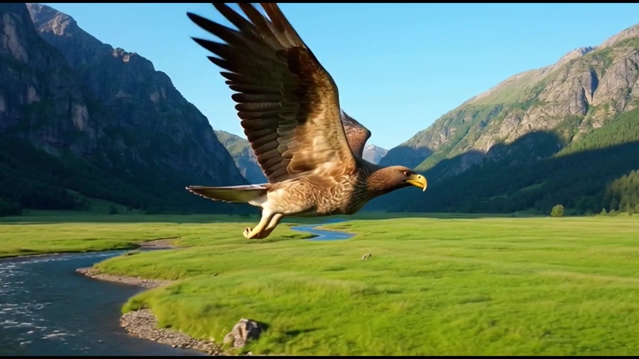 Aquila reale che vola sopra una lussureggiante valle di montagna verde.