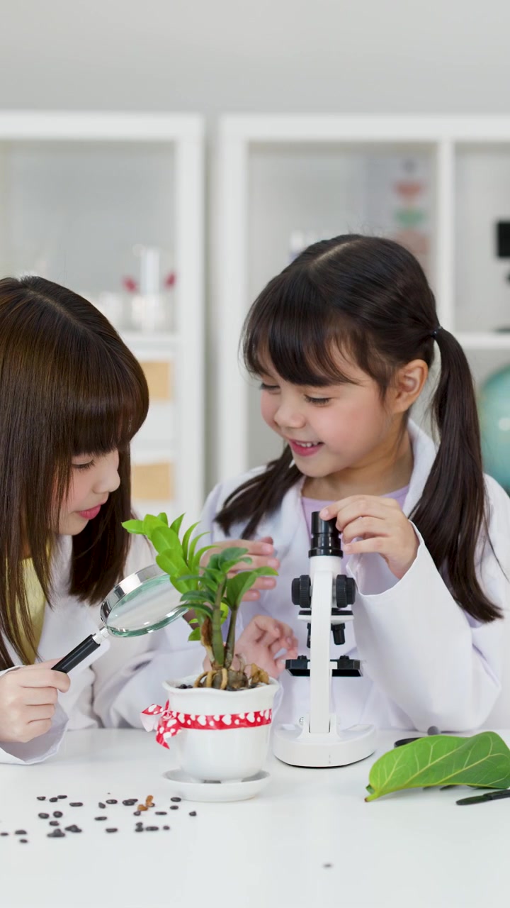 Kaksi nuorta tyttöä laboratoriotakeissa tekee biologian koetta käyttäen mikroskooppia ja kasvia.