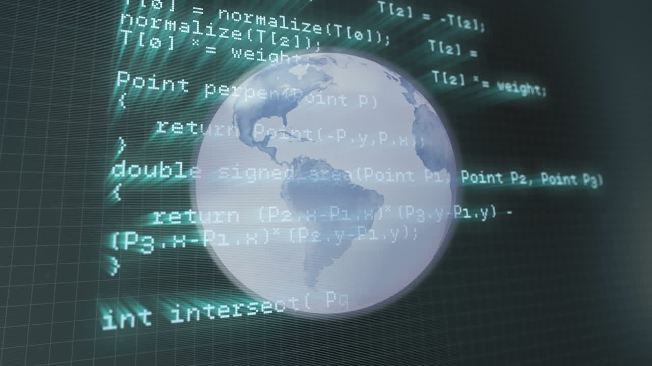 Animation of globe over data processing on black background