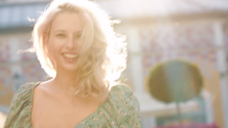 happy woman in a floral dress