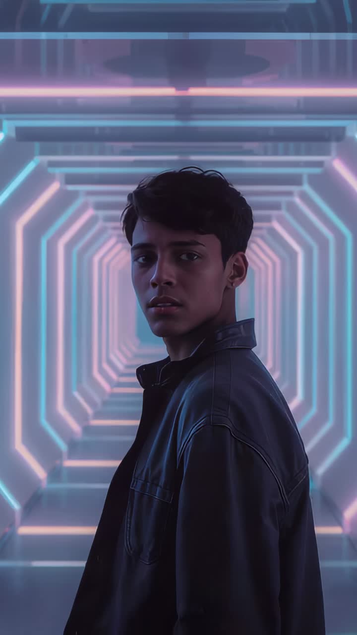 Vertical video: Cam rolling model in leather turning to cam smiling in neon tunnel for portrait