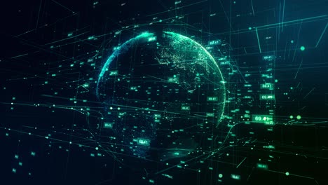 la tierra y el concepto de tecnología de hologramas digitales. negocios datos de red global y fondo del ciberespacio. red de red movimiento bucle abstracto animación 3d 4k